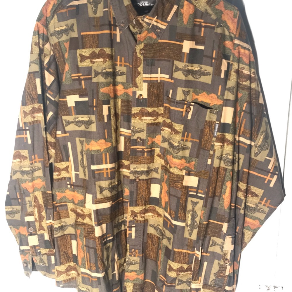Vintage Woolrich Slate Fish Blocks Button Shirt Large Rare Long Sleeve Button